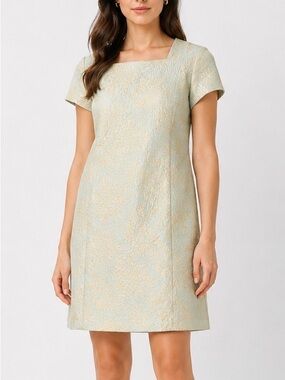 PAULE KA Metallic Jacquard Shift Dress Green Gold Size 40 8 US NWT